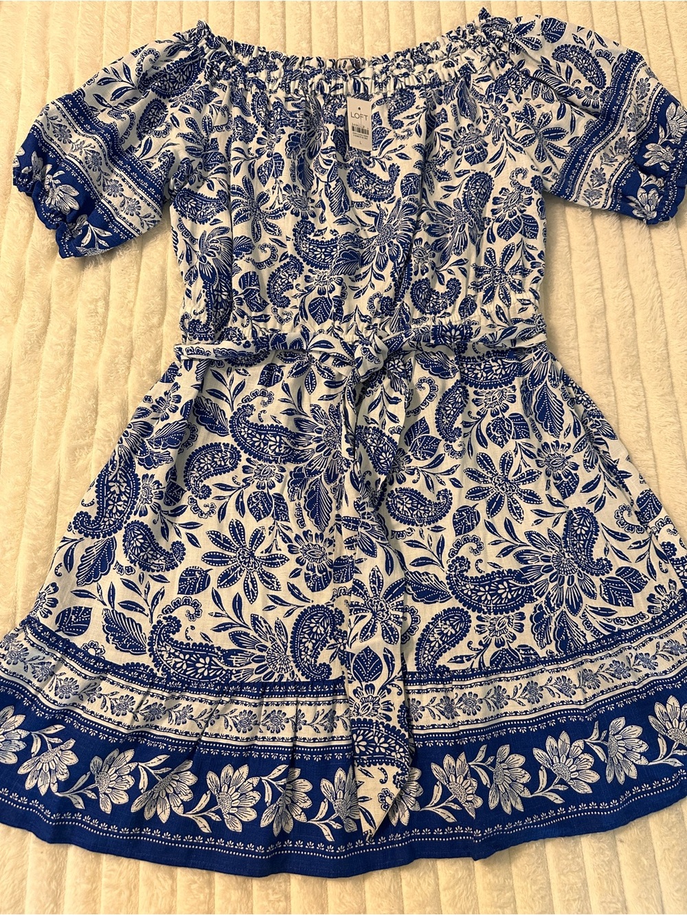 LOFT Blue and White Floral Off-Shoulder Midi Dress - Picture 2 of 6